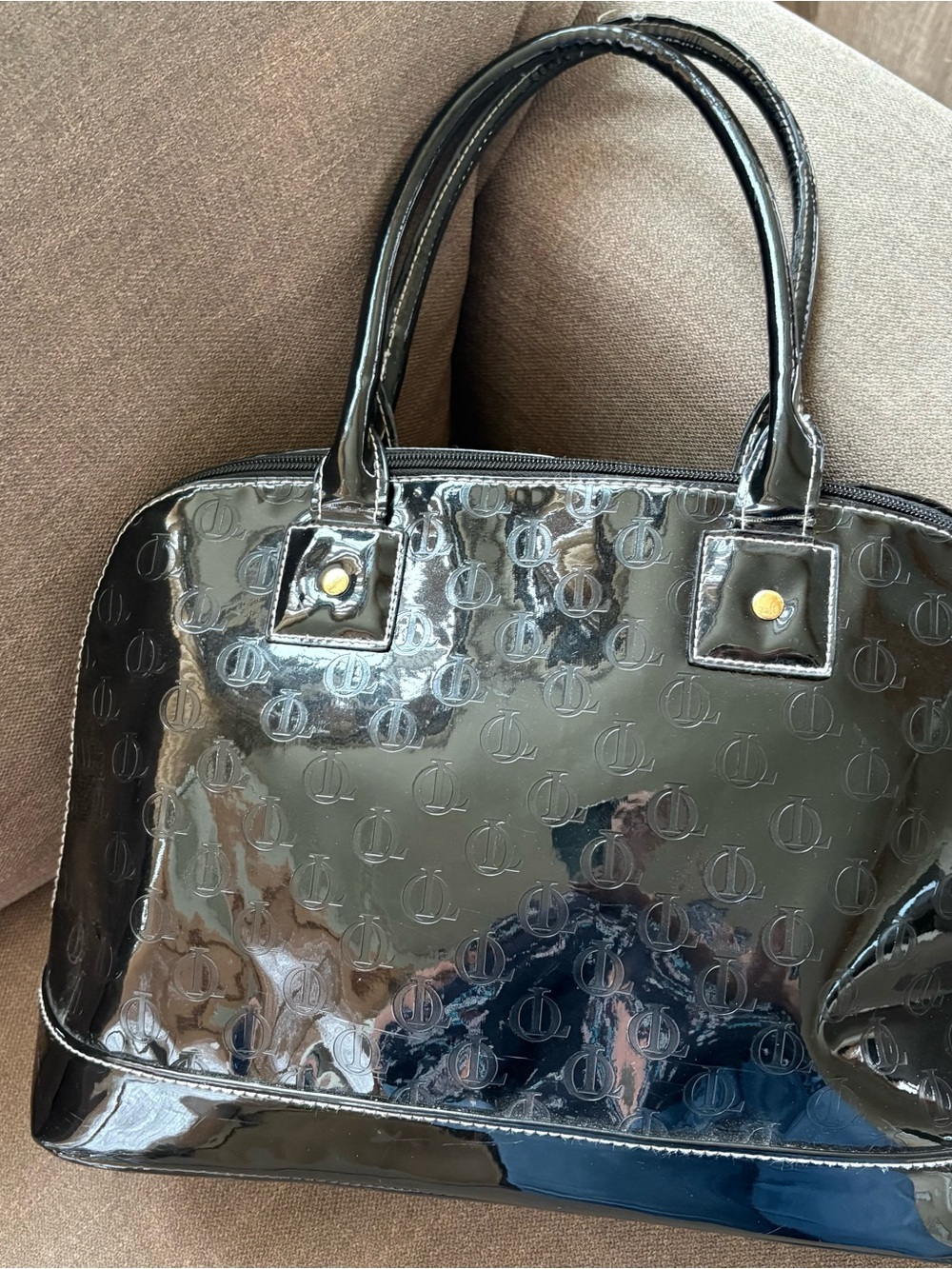 Queen Latifah Black Patent Satchel with Embossed Monogram Design.  INV25/522 1CO